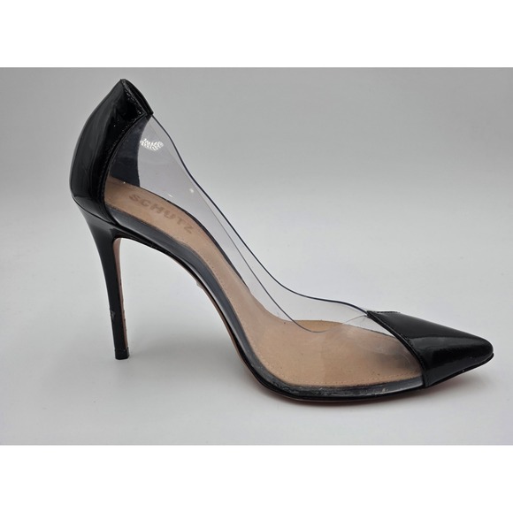 Schutz Cendi Black Patent Leather Transparent Vinyl Pointed Toe Pumps Size 9B - Picture 3 of 11